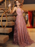 Pink Lace Spaghetti Straps Backless Prom Dress LBQ0845